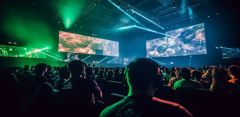 Experience the Thrill of Competitive Gaming at the Spectacular E-Sports Arena with LED Lights and Enthusiastic Fans (120 characters), Generative AI.