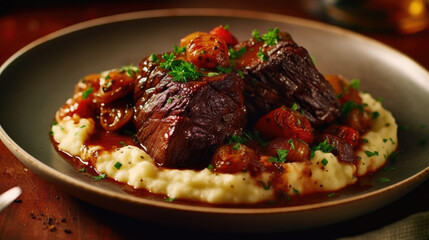 Fototapeta premium Succulent Indulgence. Braised short ribs, mashed potatoes, roasted vegetables. Gourmet concept AI Generative