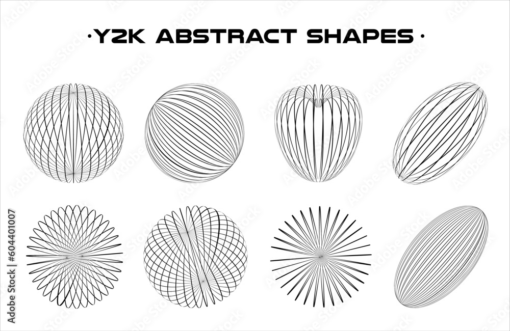 Poster Set of abstract aesthetic y2k geometric elements and wireframe shapes. Black and white retro line design elements. Vector illustration for social networks or posters. EPS 10