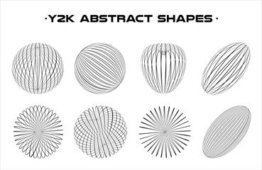 Set of abstract aesthetic y2k geometric elements and wireframe shapes. Black and white retro line design elements. Vector illustration for social networks or posters. EPS 10