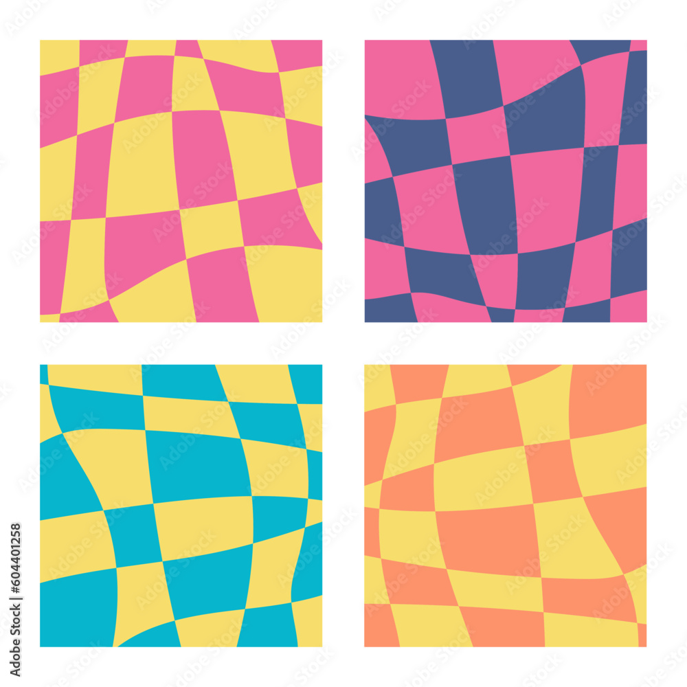 Poster checkered deformed backgrounds in groovy style, 70s. vector illustration