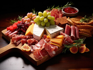 Charcuterie board featuring an array of artisanal cheeses, cured meats, olives, and other delicious accompaniments AI Generative