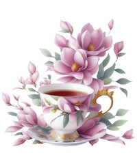 Illustration of a cup of tea or coffee with magnolia flowers on background, ai generated