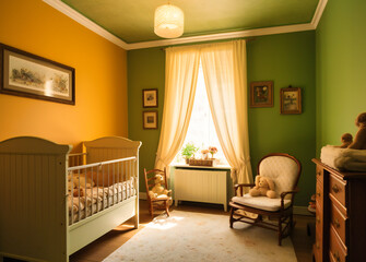 the nursery in the baby's room is yellow with green walls