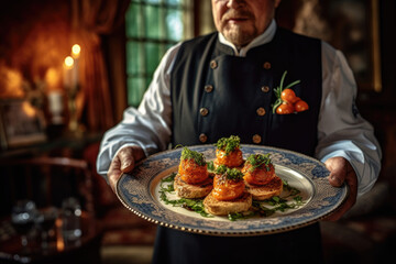Gastronomic Excellence: A White Plate Brimming with Gourmet Food, Served by an Elegant Waitress in a High-End Restaurant


