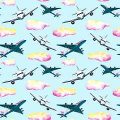 Seamless pattern with passenger planes and clouds on a blue background. Watercolor hand drawn illustration. Designed for backgrounds, flyers, banners. For labels, packaging and textiles.