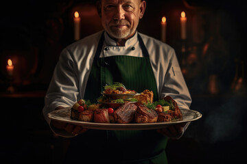 Gastronomic Excellence: A White Plate Brimming with Gourmet Food, Served by an Elegant Waitress in a High-End Restaurant

