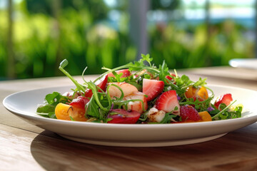 Colorful Salad Delight: Heirloom Tomatoes. Watermelon Radishes. Baby Arugula. Fresh Lobster. Tangy Vinaigrette. Garden Table Serenity. AI Generative