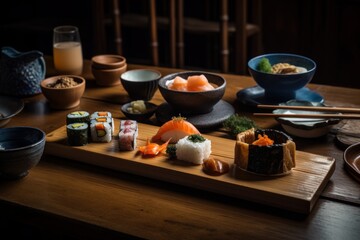 Fototapeta na wymiar apanese sushi on a traditional japanese table in an elite restaurant genart 8
