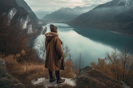 Mountaineer woman observes the views of a sunset on Lake. Generative Ai.