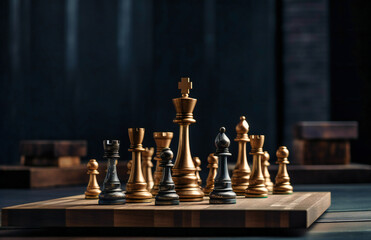 golden chess pieces sit on top of stacks of wooden planks