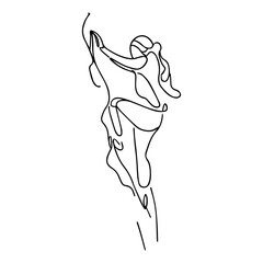 Vector one line illustration. Woman rock climber climbs the mountain.