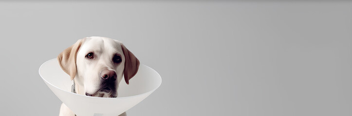 An adult labrador in a veterinary cone is recovering after surgery. Banner, a place for text. Generative ai.