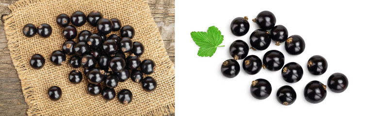 Black currants on burlap and wooden background.Top view. Flat lay pattern