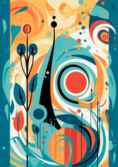 Abstract happy birthday card with swirls and flowers on the front, in the style of geometric shapes, distorted forms, minimalist strokes, multi-layered collage-like. Generative Ai Illustration.