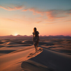 Fototapeta na wymiar woman walking on desert dune towards the beach AI generativa