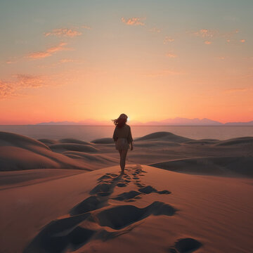 AI gnerativa woman walking on a desert dune in solitude
