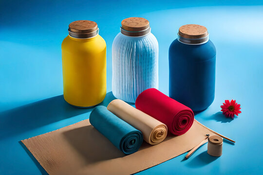 Empty plastic bottle and various fabrics made of recycled polyester fiber synthetic fabric on a blue background