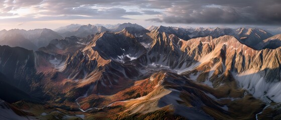 Aerial View from Airplane of Snow Covered Mountain Landscape in Winter. Colorful Pink Sky Art Render. Generative Ai.