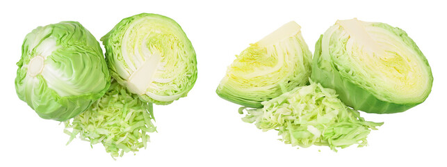 Green cabbage isolated on white background with full depth of field. Top view. Flat lay.