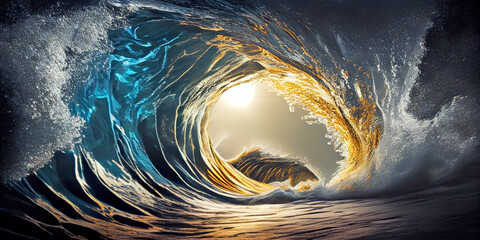 A huge sea wave and the rays of the sun through the bend of this wave. Generative AI