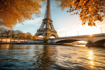 Obraz premium The Eiffel tower and river seine, paris, france with a golden glow of sun, in the style of poster, Romantic Landscapes