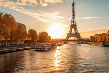 Fototapeta na wymiar The Eiffel tower and river seine, paris, france with a golden glow of sun, in the style of poster, Romantic Landscapes