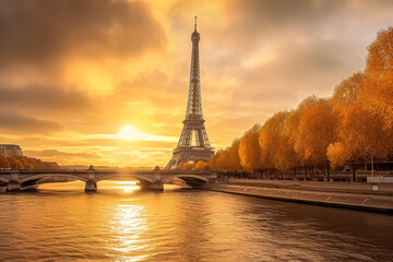 The Eiffel tower and river seine, paris, france with a golden glow of sun, in the style of poster, Romantic Landscapes

