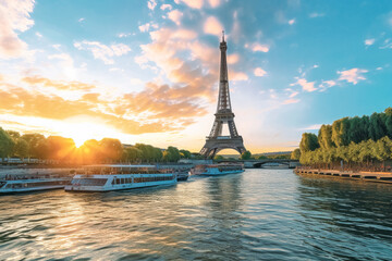 Fototapeta premium The Eiffel tower and river seine, paris, france with a golden glow of sun, in the style of poster, Romantic Landscapes