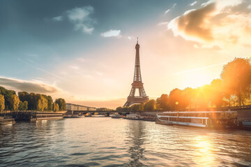 The Eiffel tower and river seine, paris, france with a golden glow of sun, in the style of poster, Romantic Landscapes

