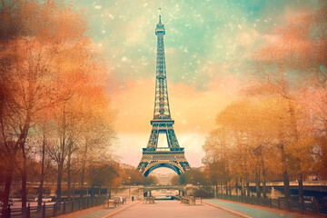 The Eiffel tower and river seine, paris, france with a golden glow of sun, in the style of poster, Romantic Landscapes

