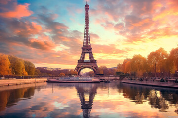 Fototapeta na wymiar The Eiffel tower and river seine, paris, france with a golden glow of sun, in the style of poster, Romantic Landscapes