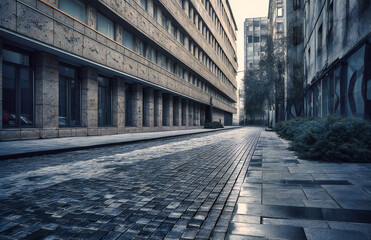 a street or path walking into a row of large buildings