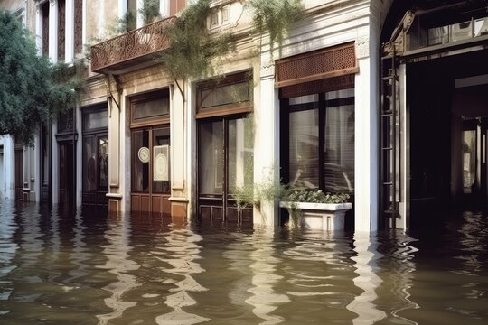 high water level on a city European street from a flood, after a downpour or an avalanche. The concept of natural disaster insurance and life and property insurance.Generative AI