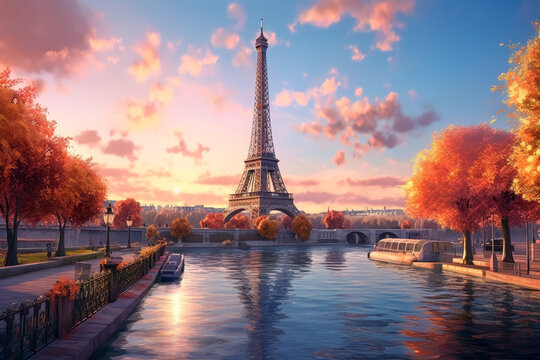 Naklejka The Eiffel tower and river seine, paris, france with a golden glow of sun, in the style of poster, Romantic Landscapes  