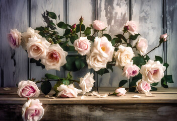 pink roses adorn the white wooden board