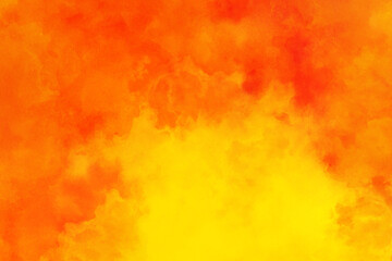 Hot fiery orange red and yellow background design, bright colorful smoke or clouds, fire or flames border illustration, painted watercolor background - 604404884