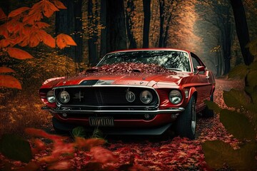 laser red muscle car in Fall forest. Glorious Generative AI. - obrazy, fototapety, plakaty