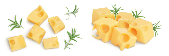 cubes of cheese isolated on white background. Top view. Flat lay