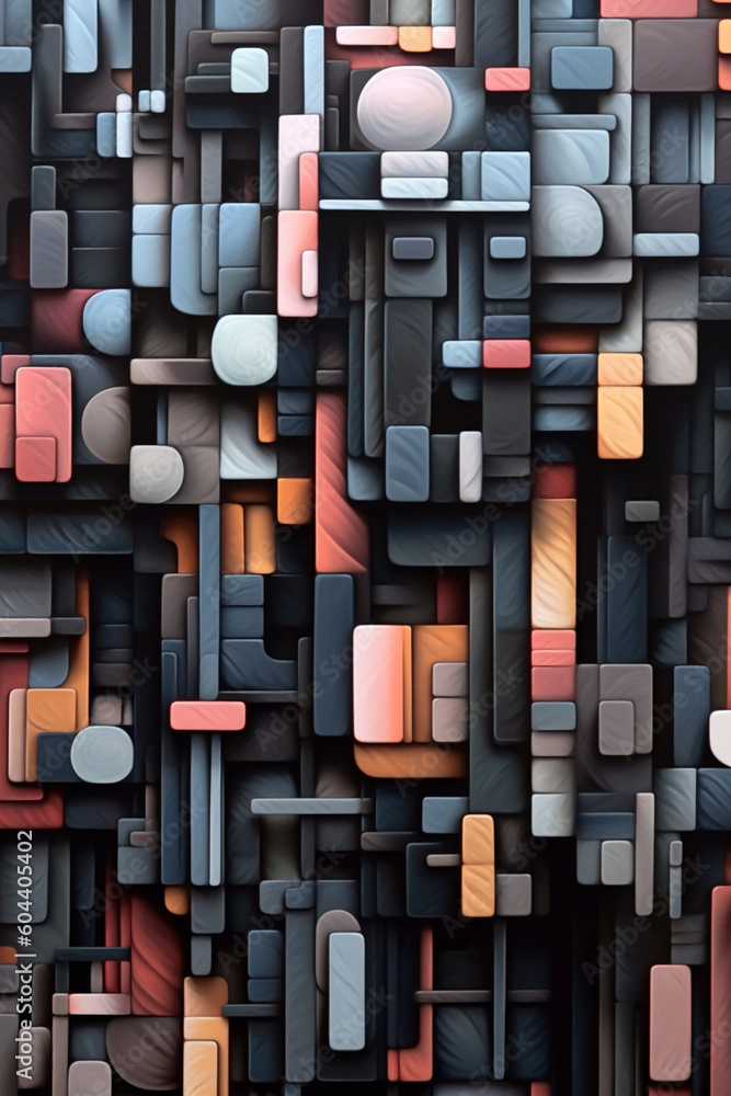 Poster  An abstract painting featuring a grid of intersecting geometric shapes in a monochromatic color palette, creating a sense of order and structure. Generative AI technology.