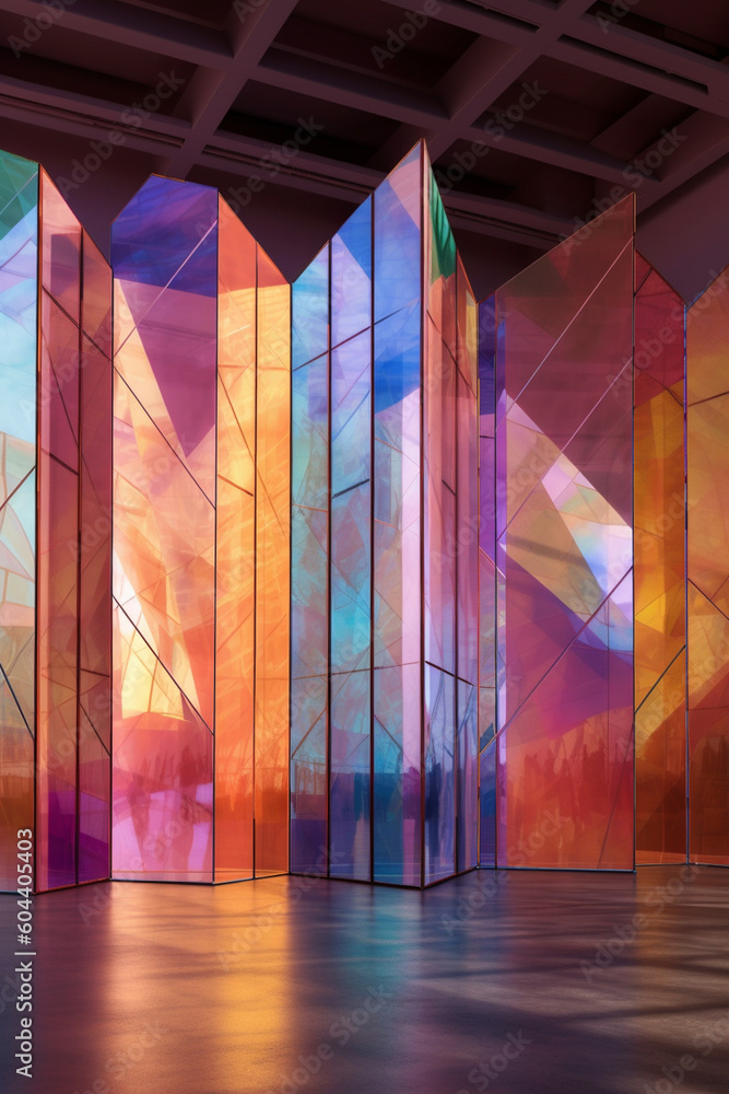Poster a sculptural installation composed of transparent geometric panels, generative ai technology.