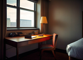 a laptop desk and open window in the hotel room