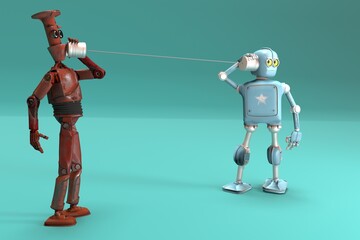 Retro two robots talking on tin can phones. 3d render