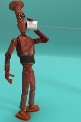 Retro robots talking on tin can phones. 3d render