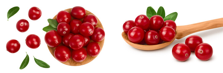 Cranberry in wooden bowl isolated on white background with full depth of field. Top view. Flat lay