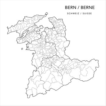Vector Map of the Canton of Bern/Berne with borders of the Administrative Regions, Districts, Municipalities (Gemeinde/Communes) and City Quarters of Berne, K&ouml;niz, and Thun as of 2023 - Switzerland
