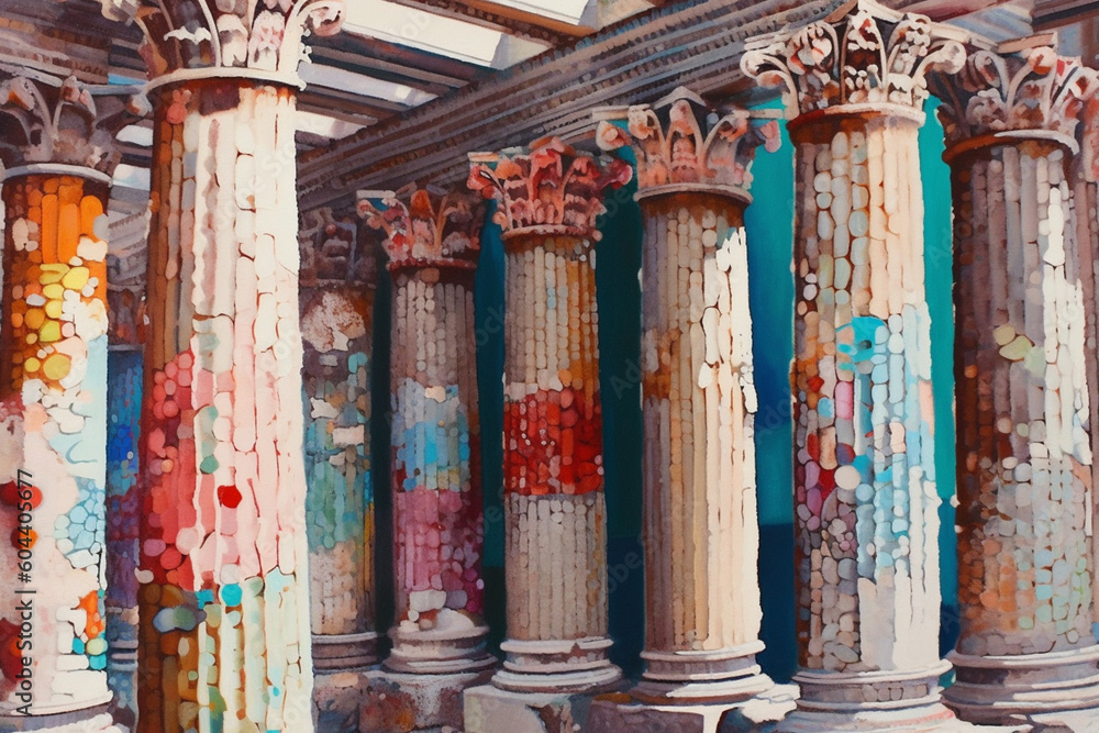 Fototapete  A mixed media artwork combining photographs of Greek columns with collage elements, creating a layered and textured composition  Generative AI technology.