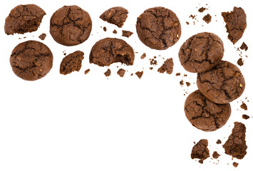 chocolate cookies broken isolated on white background with full depth of field. Top view with copy space for your text. Flat lay