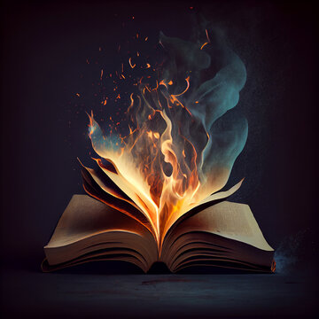 Burning pages of an open ancient magical book. Generative AI