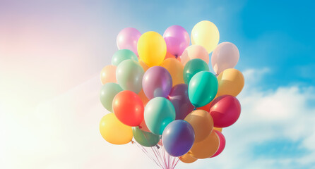 many colorful balloons hanging over a cloudy sky, pastel colors. Generative Ai Illustration.